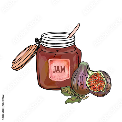Vector illustration of jam with figs. A jar of jam and figs. Blank for designer, print