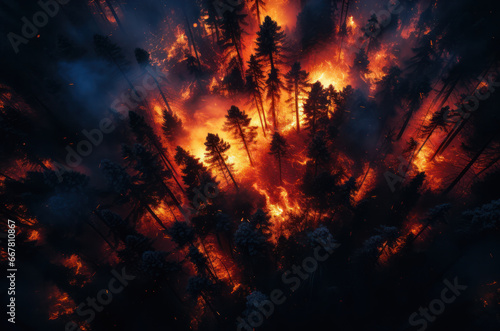 Fire in the forest at night bird's-eye. Burning trees and smoke. Environmental disaster