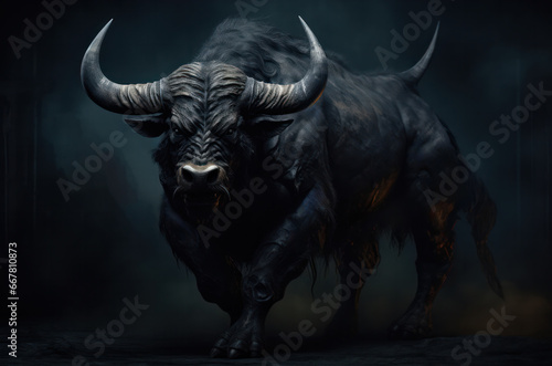 Black buffalo with dog fangs in the dark. Fantasic creature. Fantasy illustration.