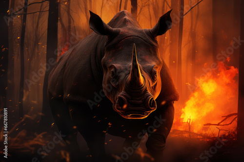 Black scared rhino running from fire in the burning forest. Enviromental disaster. © Denis
