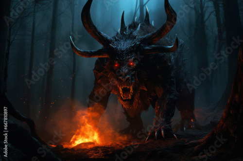 Scaring demonic creature with spikes standing at the bonfire and red eyes in the night fores