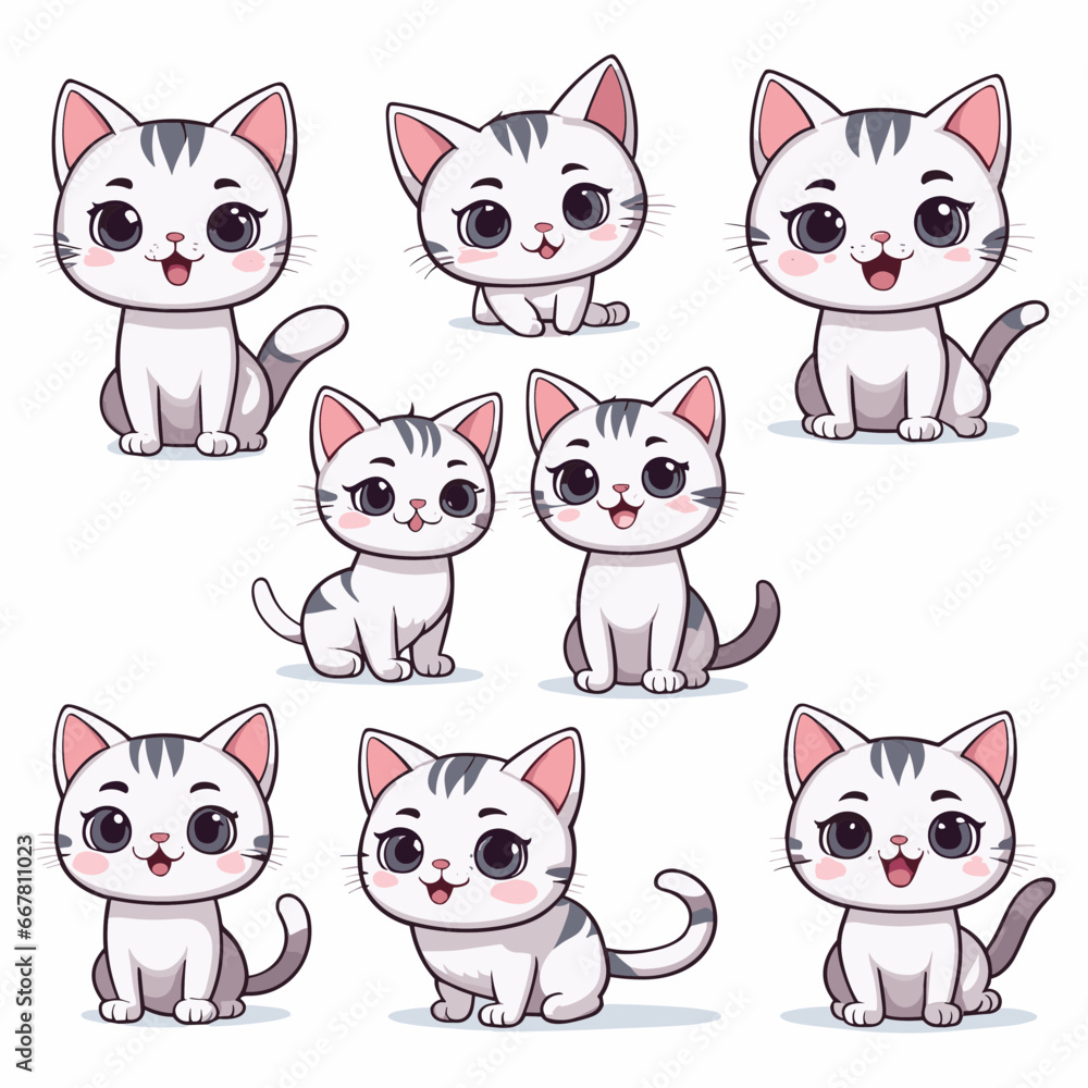 Set of cute funny cartoon cats. Vector illustration isolated on white background. Set of cute funny cartoon cats. Vector illustration isolated on white background.