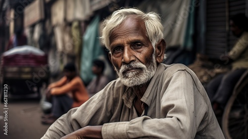 An old man sat pensively around a rundown house © maretaarining
