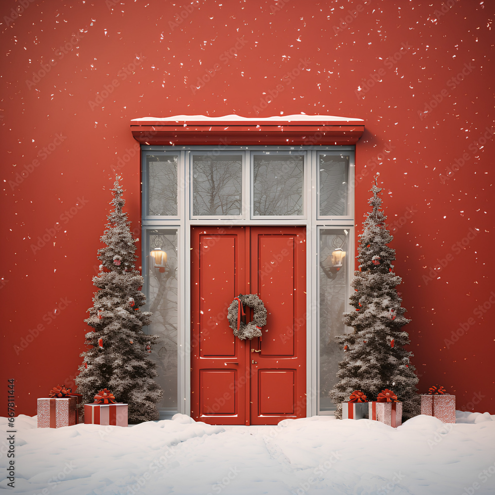 New year cover design in red colors, space for text. Christmas banner. Illustration created with generative AI technologies - obrazy, fototapety, plakaty 