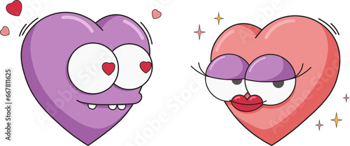 Y2K characters hearts. Vector illustration of crazy funny hearts in the form of man in love and charming woman