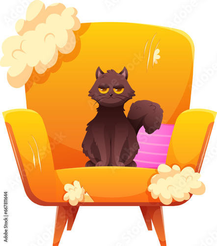 Funny cartoon black cat is sitting with happy face on scratched and broken chair. Vector illustration of naughty pets