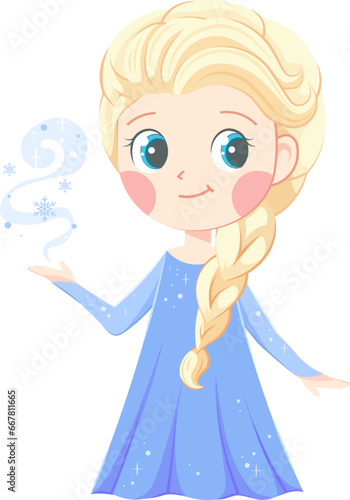 Cute frozen queen with blonde hair and blue dress holds snowflakes. Vector illustration for children, children's winter goods and holidays