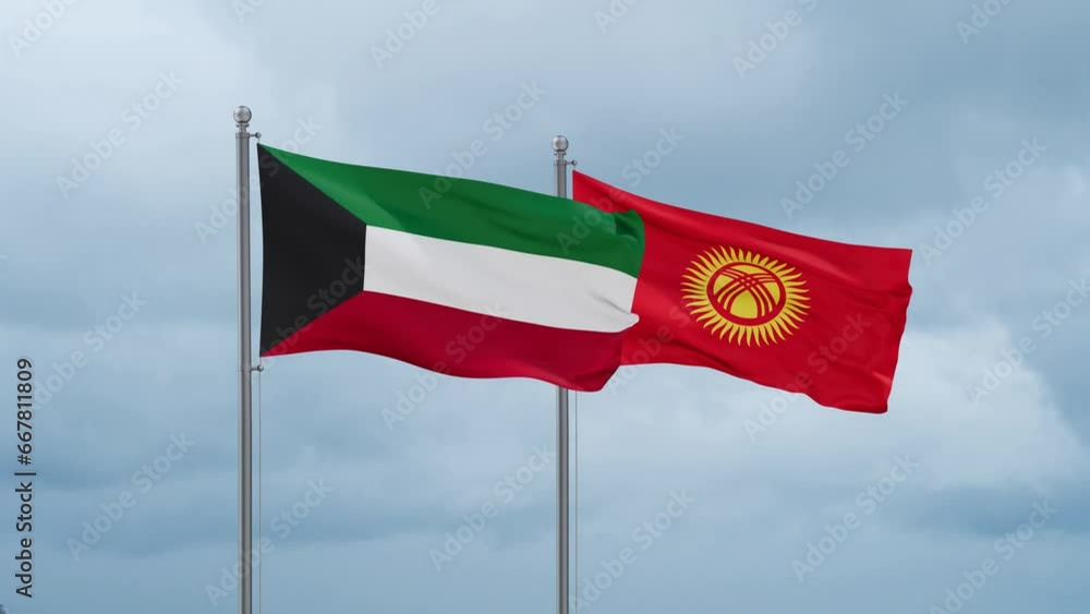 Kyrgyzstan flag and Kuwait flag waving together on cloudy sky, endless seamless loop, two country relations concept Kyrgyzstan flag and Kuwait flag waving together on cloudy sky, endless seamless loop, two country relations concept