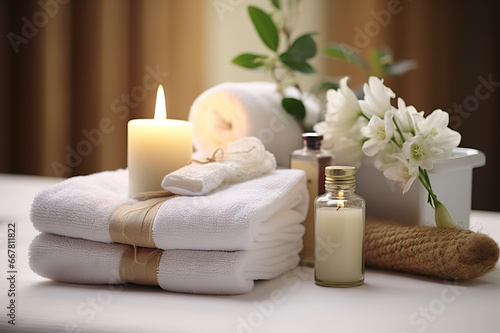 Serenity in White Spa Center's Towels, Herbal Bags, and Beauty Treatment Essentials Create a Relaxing Oasis. created with Generative AI