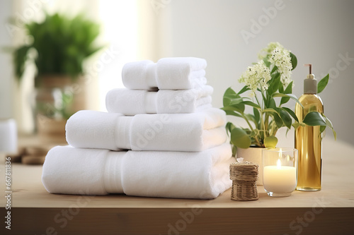 Serenity in White Spa Center's Towels, Herbal Bags, and Beauty Treatment Essentials Create a Relaxing Oasis. created with Generative AI