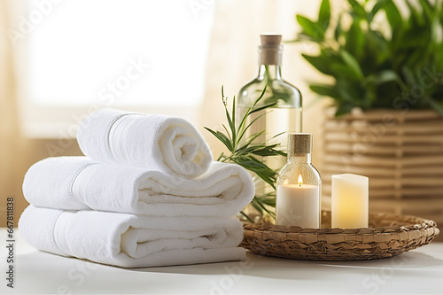 Serenity in White Spa Center's Towels, Herbal Bags, and Beauty Treatment Essentials Create a Relaxing Oasis. created with Generative AI