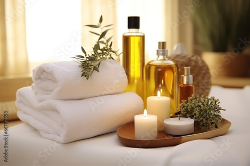 Serenity in White Spa Center's Towels, Herbal Bags, and Beauty Treatment Essentials Create a Relaxing Oasis. created with Generative AI