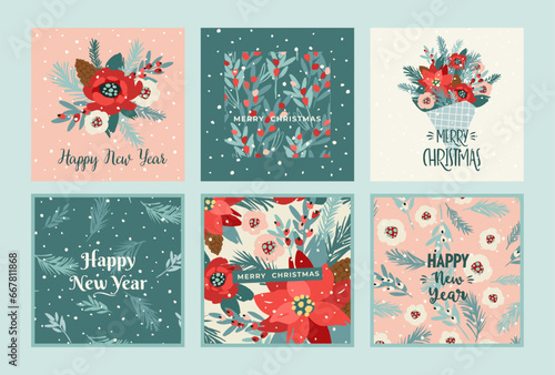 Christmas and Happy New Year cards with flowers, christmas tree, branches, leaves, berries, snowflakes. Trendy retro style. Vector design