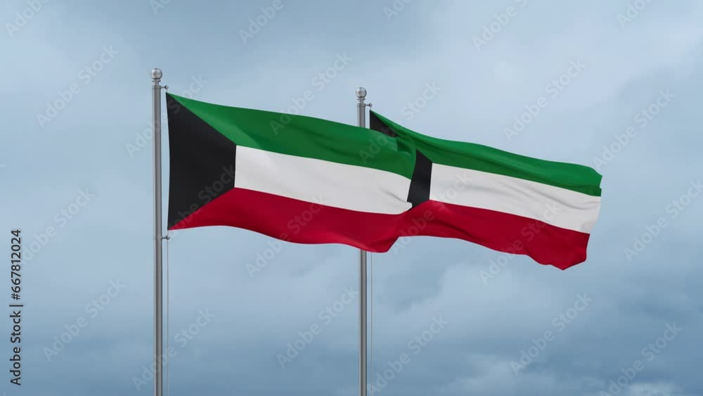Two Kuwait flag waving together on cloudy sky, endless seamless loop, two country cooperation concept Two Kuwait flag waving together on cloudy sky, endless seamless loop, two country cooperation concept