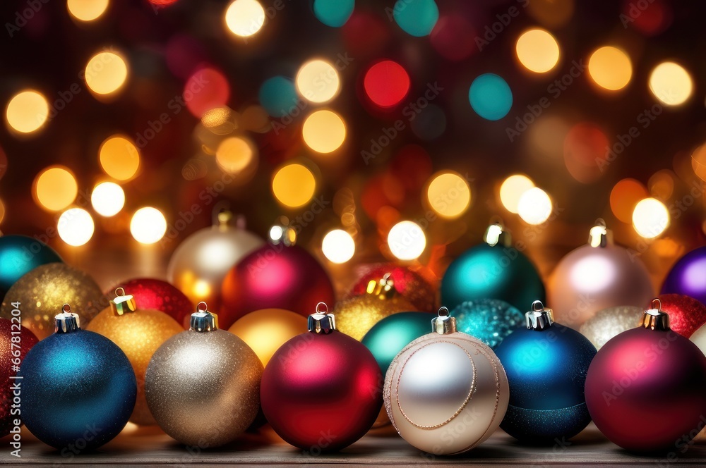 Christmas and New Year background, ornament of bright multi-colored glass decorative Christmas balls and baubles, shining lights and sparkles, close up macro Christmas and New Year background, ornament of bright multi-colored glass decorative Christmas balls and baubles, shining lights and sparkles, close up macro