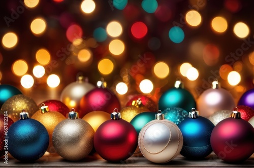 Christmas and New Year background, ornament of bright multi-colored glass decorative Christmas balls and baubles, shining lights and sparkles, close up macro