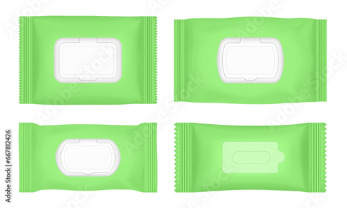 Wet wipes packaging with flap. Neon green flow pack mockup. Pouch of wet toilet tissue. Antibacterial napkins.	