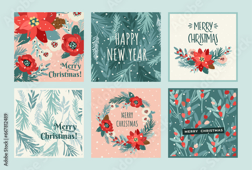 Christmas and Happy New Year cards with flowers, christmas tree, branches, leaves, berries, snowflakes. Trendy retro style. Vector design