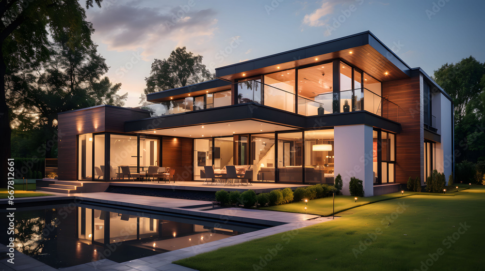 Modern house exterior with swimming pool and garden at dusk. 3d rendering of modern cozy house with pool and parking for sale or rent in luxurious style and beautiful landscaping on background. 