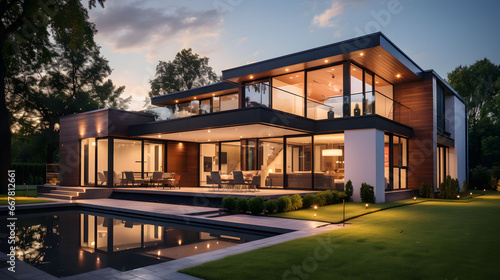 Modern house exterior with swimming pool and garden at dusk. 3d rendering of modern cozy house with pool and parking for sale or rent in luxurious style and beautiful landscaping on background.  © mandu77