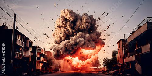 Moment of bomb explosion with cloud of smoke and bright flames on city street with collapsing residential houses and buildings during air attack photo