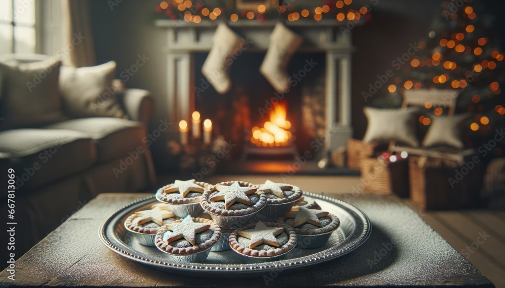 British mince pie, a classic festive dessert, arranged on a silver tray with star-shaped cutouts and powdered sugar, against the backdrop of a cozy English cottage with a roaring fireplace - obrazy, fototapety, plakaty 
