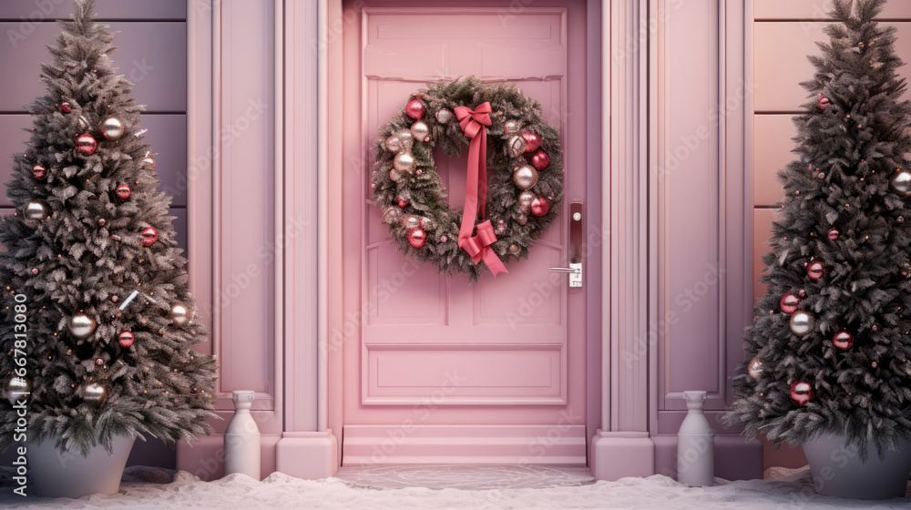Pink facade of the building decorated with a beautiful Christmas wreath. Christmas trees and a Christmas wreath in pink tones. Pink facade of the building decorated with a beautiful Christmas wreath. Christmas trees and a Christmas wreath in pink tones.