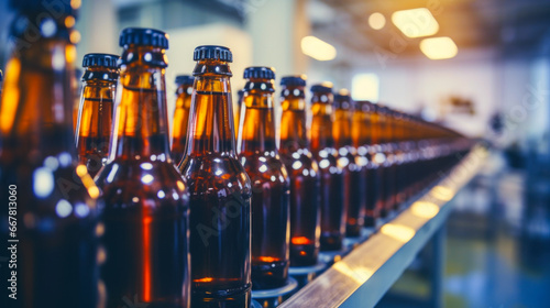 Bottled beer on a production line in a brewery.