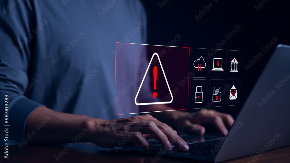Obraz na płótnie Cyber security warning alert system concept. Businessman working on laptop. Computer network hack, crime and virus, Malicious software, compromised information, illegal connection, data vulnerability, w salonie