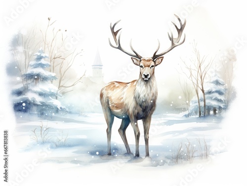 painting of a majestic deer in the winter forest.  © LeitnerR