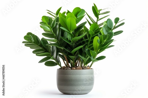 Pot with zamioculcas plant on a white background. Generative AI photo