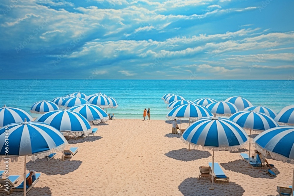 The sandy beach had vibrant umbrellas, with a serene blue ocean ahead. Generative AI