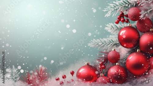 Snowy festive background with red Christmas baubles.