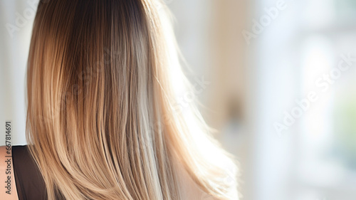 Silky blonde ombre hair close-up in soft light.