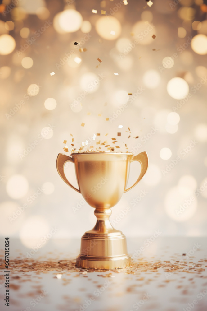 Naklejka premium Golden champion cup with sparkling lights on bokeh background
