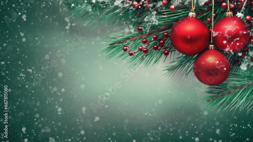 Christmas decorations with red baubles on a snowy background.