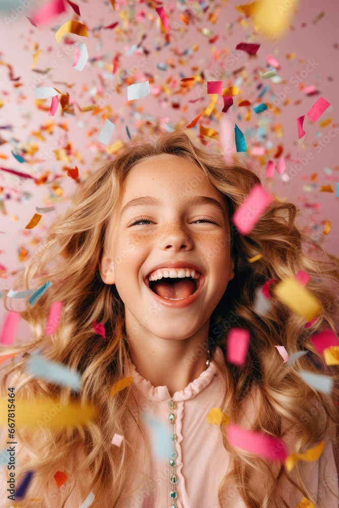 Child rejoices in confetti, the child blows confetti from the palms, holiday and happiness, new year and Christmas Child rejoices in confetti, the child blows confetti from the palms, holiday and happiness, new year and Christmas
