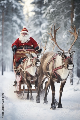 Santa with New Year's gifts rides on a sleigh with reindeer