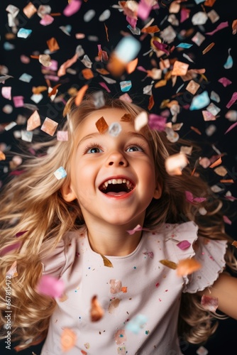 Child rejoices in confetti, the child blows confetti from the palms, holiday and happiness, new year and Christmas