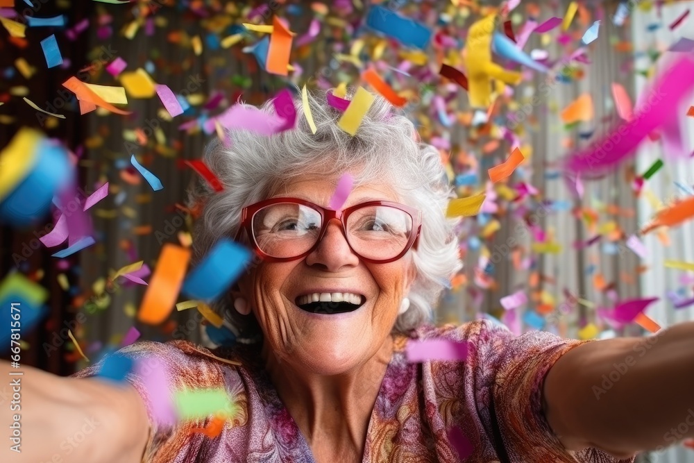 Old woman with glasses rejoices in confetti, grandma blows confetti from her palms, celebration and happiness Old woman with glasses rejoices in confetti, grandma blows confetti from her palms, celebration and happiness