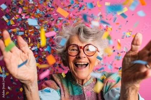 Old woman with glasses rejoices in confetti, grandma blows confetti from her palms, celebration and happiness