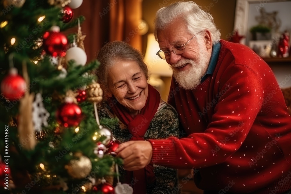Old man and woman are decorating Christmas tree, grandparents are hugging against the background of the New Year tree, New Year and Christmas Old man and woman are decorating Christmas tree, grandparents are hugging against the background of the New Year tree, New Year and Christmas