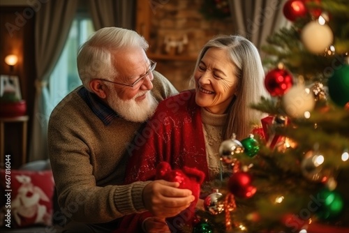 Old man and woman are decorating Christmas tree, grandparents are hugging against the background of the New Year tree, New Year and Christmas