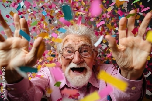 Old man rejoices in confetti, grandfather blows confetti from his palms, celebration and happiness