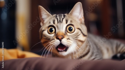 urprised cat make big eyes. American shorthair surprised cat or kitten funny face big eyes, cute, domestic, kitten, feline, Emotional surprised, kitty, wow © pinkrabbit