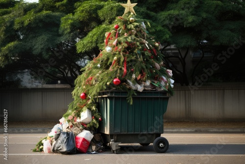 Christmas tree in the trash after the holiday, recycling of Christmas trees