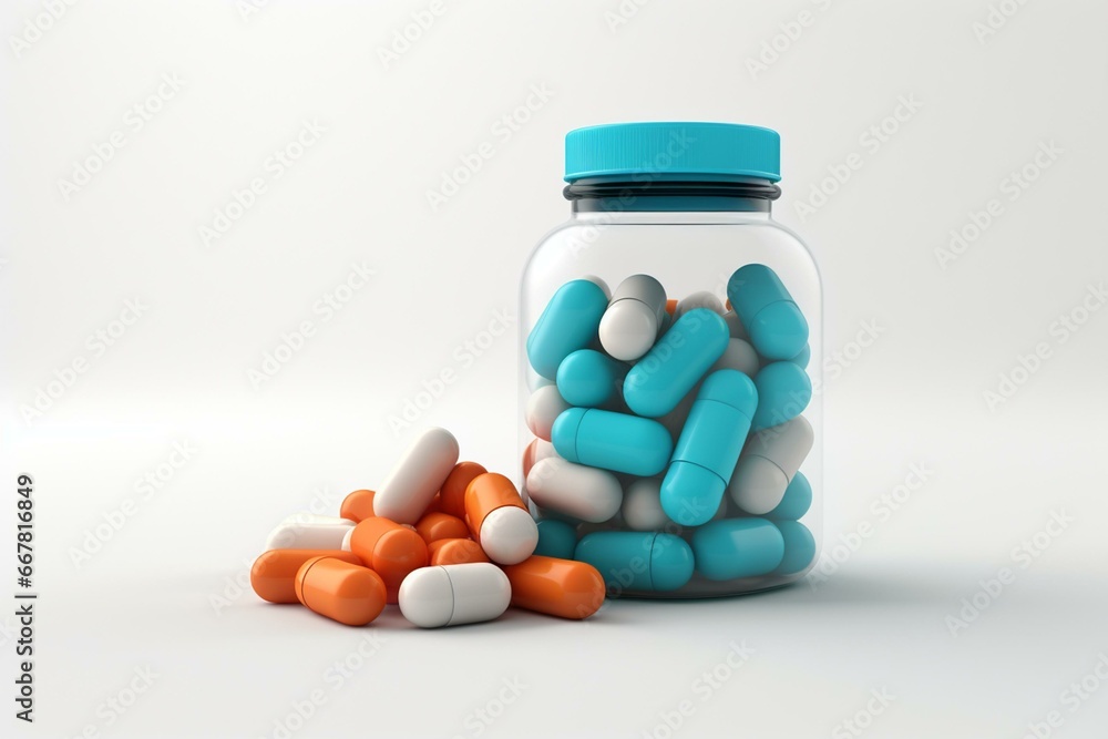 3D illustration of bottle with pills against a white background. Generative AI 3D illustration of bottle with pills against a white background. Generative AI