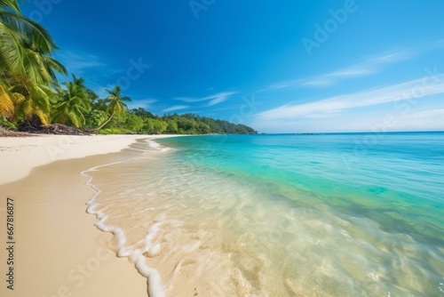 Exquisite tropical beach with clear water, sandy shore, and palm tree. Ideal for summer and vacation. Generative AI