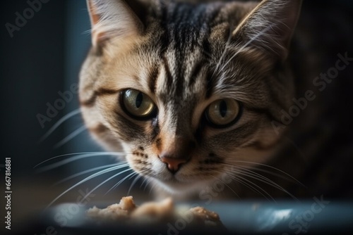 Cat eating meal from front perspective. Generative AI