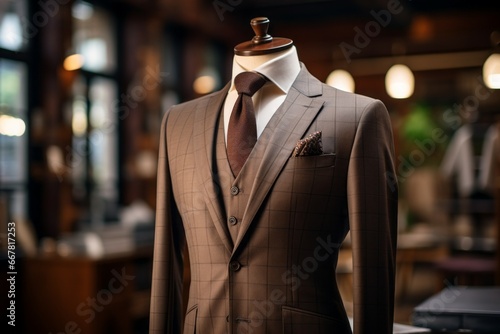 Mannequin in the show room, suits atelier concept. Background with selective focus and copy space